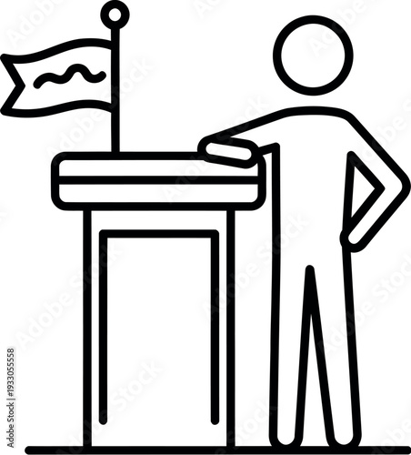 Person standing at a podium with a flag behind them.