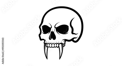 Black and White Skull with Fangs Illustration.
