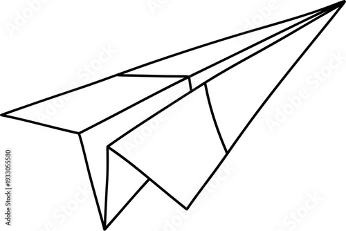 A black and white line drawing of a paper airplane in flight
