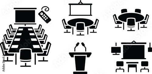 Conference room and meeting presentation silhouette icon set isolated on gray background, business boardroom furniture and seminar equipment collection