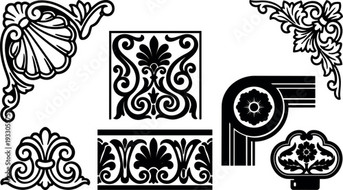 Victorian ornament vector set ornate corner flourishes decorative panel elements black silhouette for frames borders and vintage design graphics