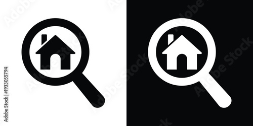 Minimalist house icon inside a magnifying glass. Ideal for real estate search, property hunting, and home finding apps. Vector illustration in black and white styles.