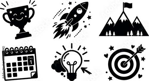 Flat design icon set showing smiling trophy rocket mountain flag calendar day one lightbulb idea and arrow target black silhouette