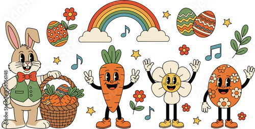 Cute Easter Bunny with Carrot, Rainbow, Decorated Eggs and Funny Cartoon Characters Vector Illustration Set