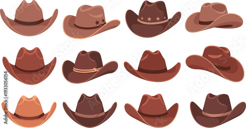 Set of Classic Western Cowboy Hats in Various Brown Tones for Country Music Posters, Rodeo Events, Wild West Branding, and Texas Style Graphic Designs