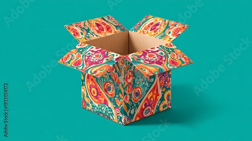 A vibrantly decorated origami box with intricate patterns on a teal background