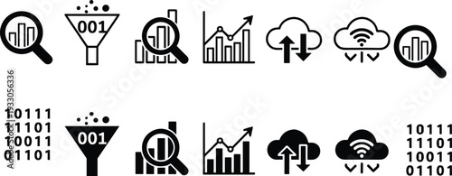 Big data analytics and cloud computing icons set, binary code, filter funnel, statistics chart, upload download vector illustration collection