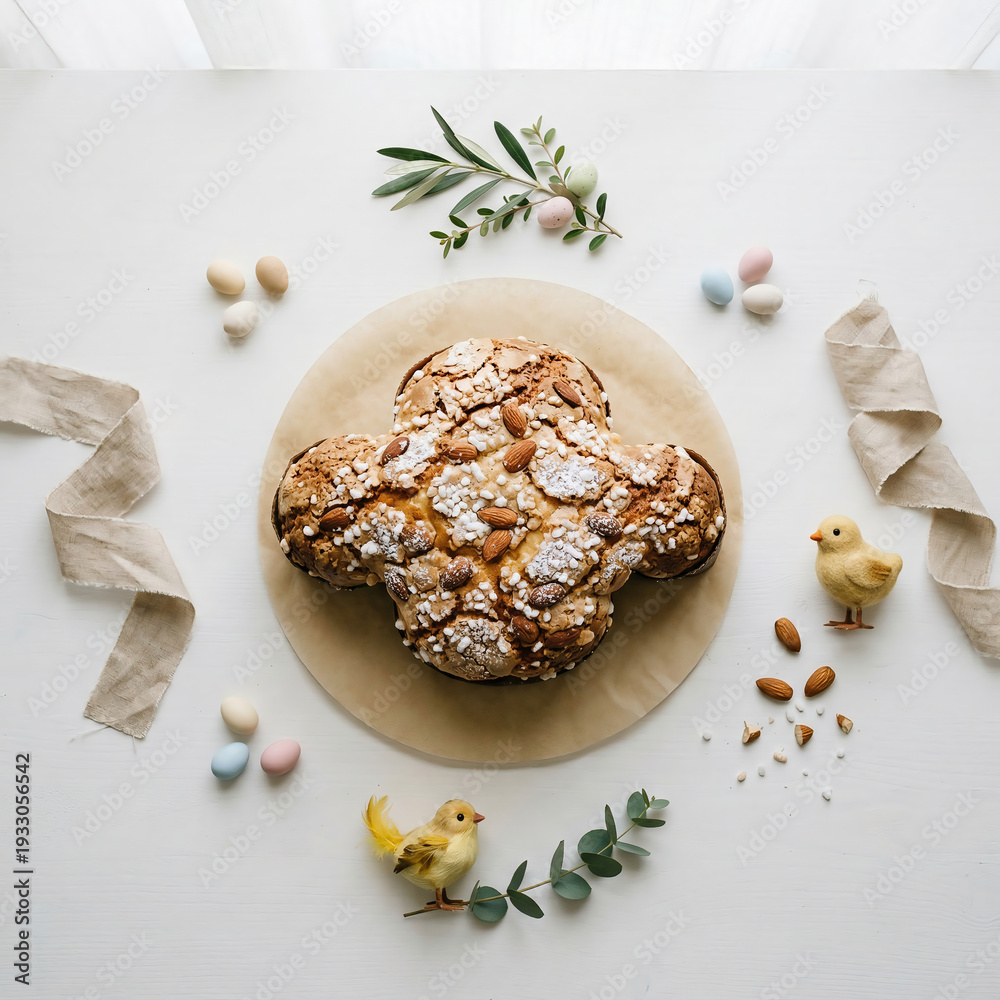 Fototapeta premium Top view flat lay of Italian Easter colomba cake on white background with pastel eggs, linen ribbons, greenery and yellow chicks, soft natural light.