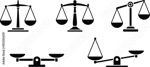 Justice scale silhouette icon set isolated on gray background, law balance symbol collection for legal court, attorney and judiciary concept