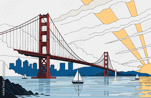 USA, US, U.S, United States - Golden Gate Bridge Illustration – Vibrant San Francisco Art with Sailboats, Sun Rays, and Iconic Skyline in a Stylized Coastal Scene
