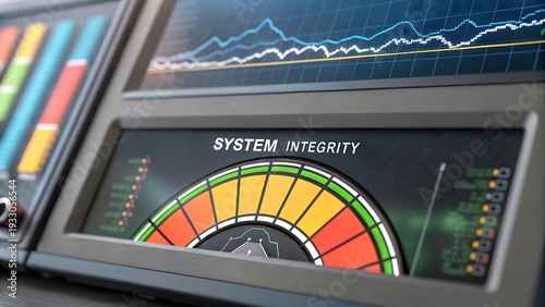 A close up view showcases multiple digital displays presenting complex data visualizations of system performance metrics and integrity