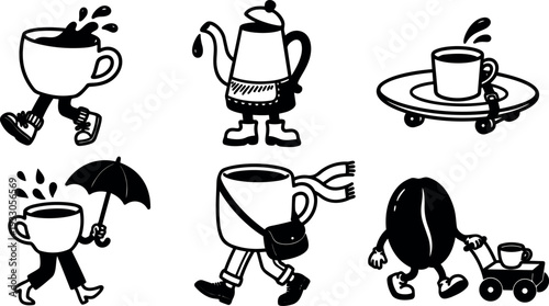 Retro cartoon walking coffee cup characters kettle bean pulling wagon skateboard umbrella playful black ink illustration smiling side view vector