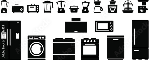 Kitchen appliances silhouette icon set isolated on gray background, home electronic equipment collection including refrigerator, oven, blender and microwave