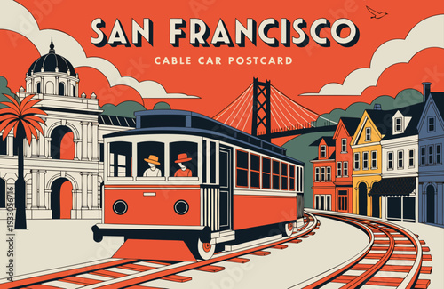 USA, US, U.S, United States - San Francisco Cable Car Illustration – Retro City Postcard Art with Victorian Houses, Golden Gate Bridge, and Classic SF Streetcar Scene
