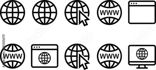 Internet and web browser icons set, globe symbols, www sign, cursor pointer, online website window vector illustration collection