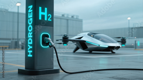Modern hydrogen energy station for refueling futuristic electric vertical takeoff aircraft at sustainable urban air mobility transit hub