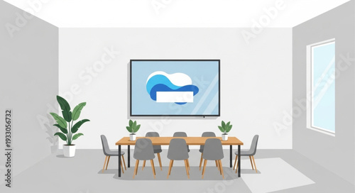 Modern Conference Room with Large Screen and Table.
