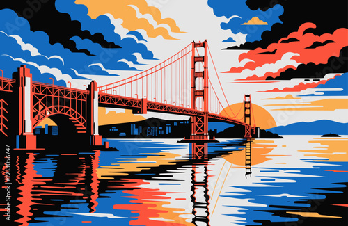USA, US, U.S, United States - Golden Gate Bridge Sunset Illustration – Vibrant San Francisco Art with Colorful Sky, Ocean Reflections, and Iconic Landmark Design
