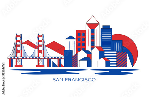 USA, US, U.S, United States - San Francisco Cityscape Illustration – Modern Golden Gate Bridge Art with Geometric Skyline, Red Sun, and Bold Minimalist California Design
