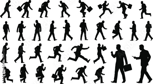 Running business people silhouettes vector set, professional men rushing walking carrying briefcases isolated