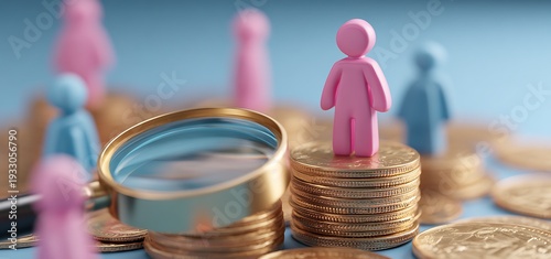 Concept photo illustrating gender pay gap. Figurines stand atop stacks of coins, woman on top, men below. Magnifying glass explores income disparity in business, finance, economics. Equality, wage