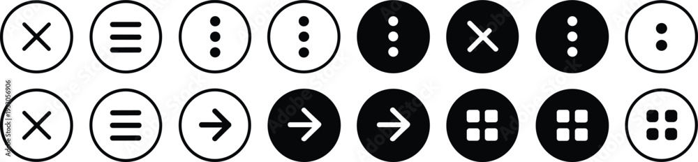 Fototapeta premium Minimal user interface navigation icon set isolated on gray background, menu, close, more options and arrow buttons vector collection