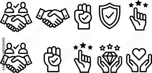 Trust and partnership line icon set, handshake agreement, quality rating stars, security shield, verified approval, customer care and premium service vector collection