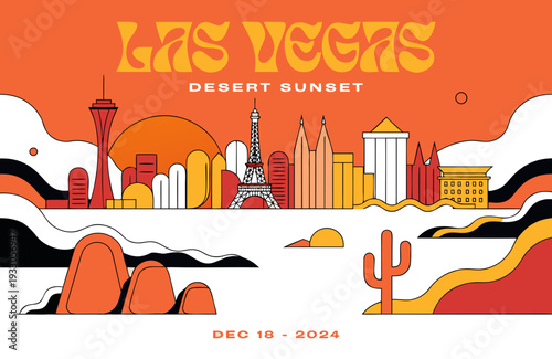 USA, US, U.S, United States - Las Vegas Desert Sunset Illustration – Vibrant Skyline Art with Stratosphere Tower, Desert Cacti, Warm Sunset Colors, and Modern Vegas Design
