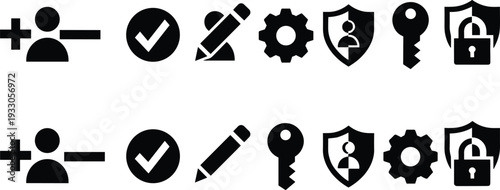 User account management and cybersecurity icon set, add remove profile, verification check, edit settings, key access, shield protection and secure lock vector