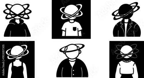 Flat vector minimalist portraits with planet heads wearing hoodies shirts and jackets in black and white icon set close up