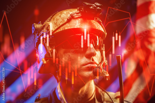 Iran USA conflict shows soldier in gear with financial data behind during oil crisis