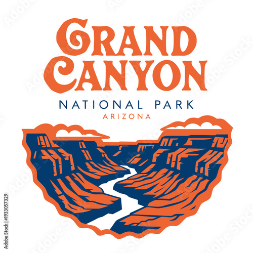 USA, US, U.S, United States - Grand Canyon National Park Illustration – Bold Orange and Blue Canyon Artwork with Winding River, Layered Rock Formations, and Arizona Landscape Design
