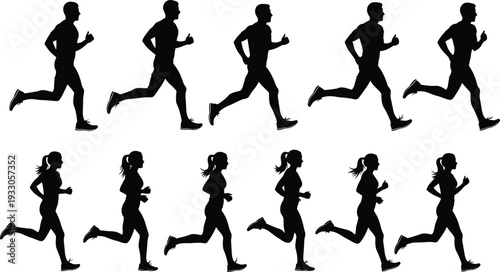 Running men and women silhouettes vector, side view jogging fitness training motion isolated black