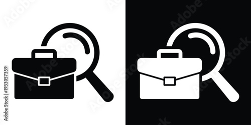 Flat professional briefcase icon with a magnifying glass. Minimalist vector symbol for job search, recruitment, and career discovery. Black and white versions included.