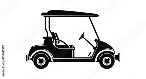 A black and white silhouette of a golf cart seen from the side