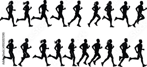 Running men women silhouettes vector, side view jogging fitness training motion isolated black background