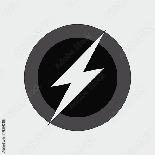 Dramatic black and gray circle enclosing bold white lightning bolt symbol for dynamic energy concepts