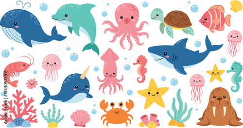 Cute Marine Life Vector Set, Kawaii Sea Animals Collection with Whale Shark Dolphin Turtle and Octopus Isolated on White