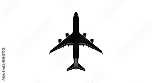 A silhouetted top down view of a large passenger airplane against a white background
