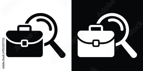 Flat professional briefcase icon with a magnifying glass. Minimalist vector symbol for job search, recruitment, and career discovery. Black and white versions included.