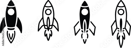 Rocket launch silhouette icon set isolated on gray background, flat space ship symbol collection for startup, innovation and technology concept