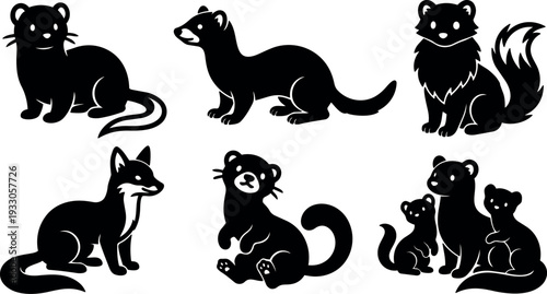 Flat vector silhouettes of six mustelids in varied poses including family group playful cubs and sitting stoat profile with tail