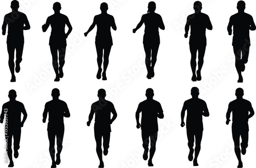 Running people front view silhouettes vector set, men women jogging fitness motion isolated