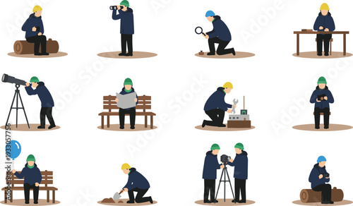 People Engaging in Outdoor Hobbies Including Stargazing Photography Birdwatching Gardening Reading and Repairing Equipment in Winter Jackets Vector Illustration Set (20 words)