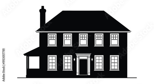Black and white silhouette of a classic two story house with a chimney