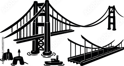 Minimalist silhouette vector low angle view of suspension bridge towers with boat buoys and walkway details in black and white