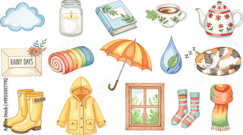 Cozy rainy day elements collection with umbrella boots candle sleeping cat and warm autumn home accessories