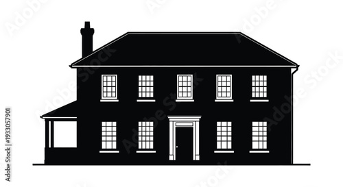 Black silhouette of a two story house with a chimney and small porch