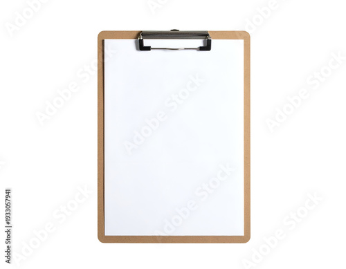 Blank paper held by a clip on a wooden board