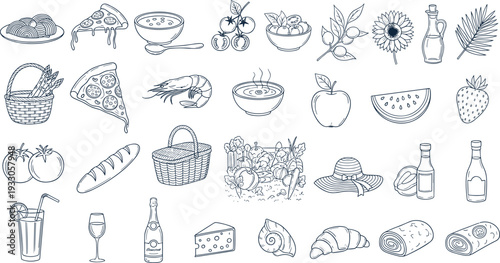 Hand Drawn Food, Drink, and Picnic Vector Set with Pizza, Fruits, Wine, Cheese, Sunflower and More